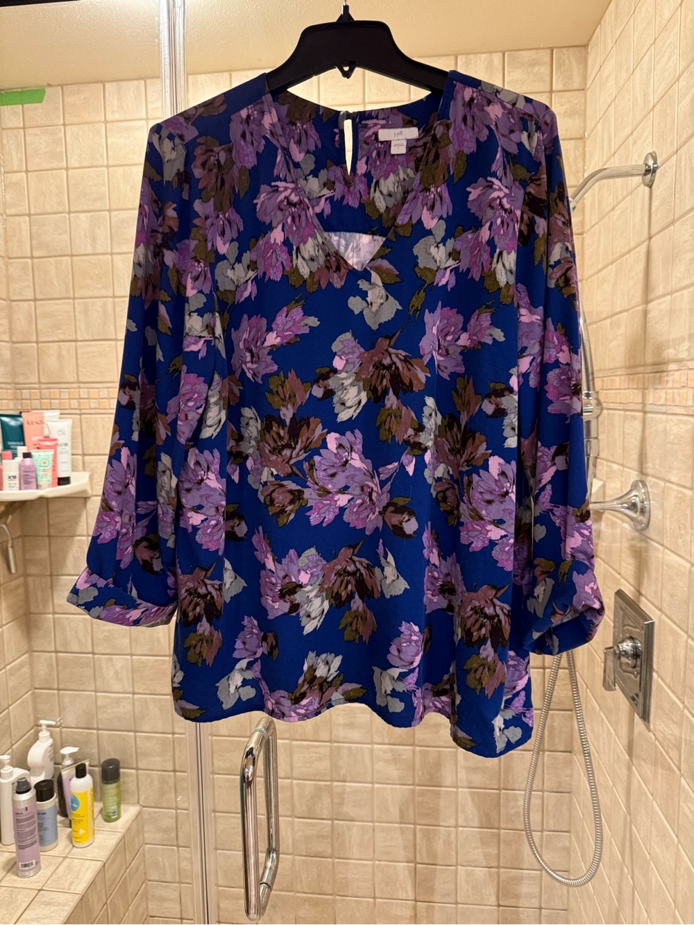 J. Jill Blue Floral V-Neck Blouse with Purple Accents